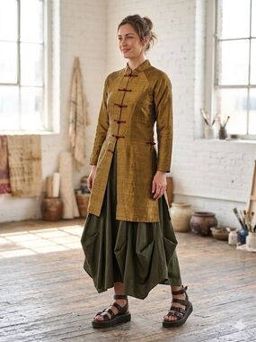 VTG BABS Raw Silk Tunic Bronze Gold Dupioni Mandarin Collar • Frog Closures S/M